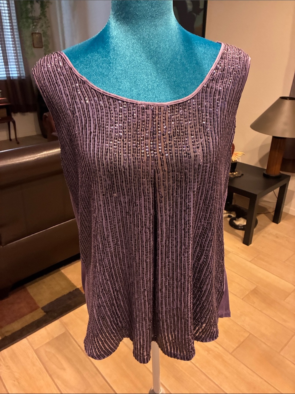 ecru Lavender Beaded Sleeveless Tank Top